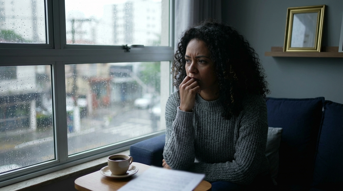 Mulher brasileira com expressão de preocupação dentro de casa, olhando pela janela, simbolizando o contexto de violência doméstica e a necessidade de proteção