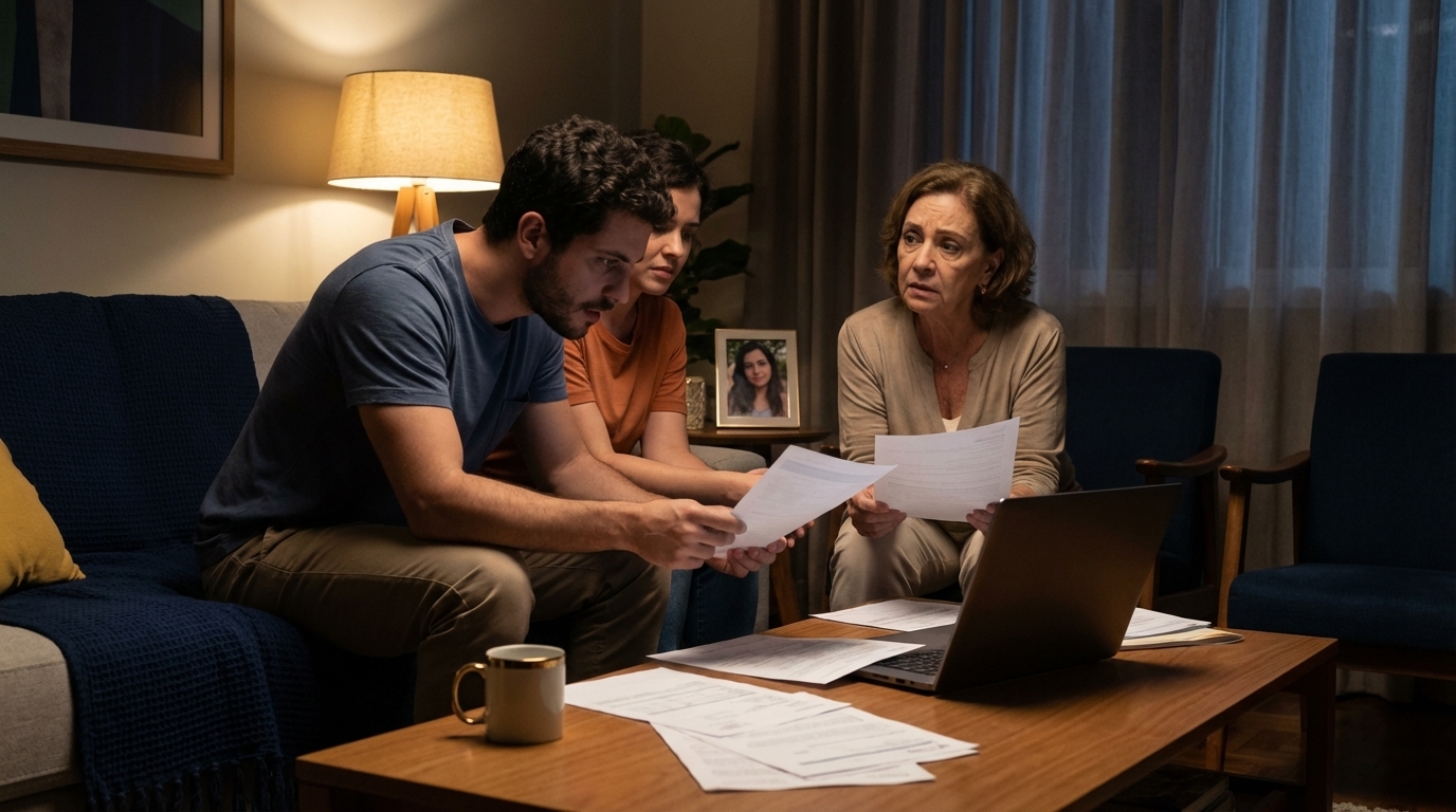 Família brasileira reunida na sala de estar revisando documentos legais com seriedade e esperança, representando a busca por justiça através da assistência de acusação