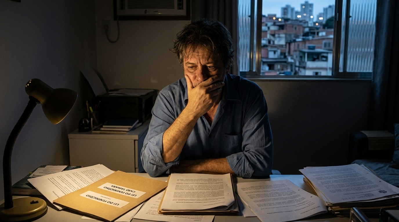 Cidadão brasileiro em escritório simples analisando papéis com expressão reflexiva, ilustrando a complexidade das decisões e consequências legais