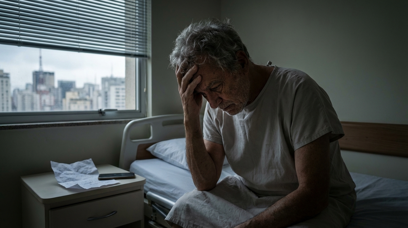 Paciente brasileiro idoso sentado na beira da cama do hospital com expressão de angústia após receber notícia de cirurgia cancelada pelo plano de saúde
