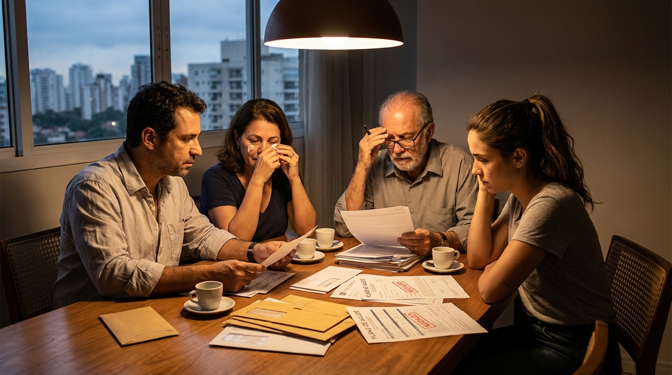 Família brasileira preocupada revisando documentos médicos e apólices de seguro em mesa de jantar após negativa de plano de saúde