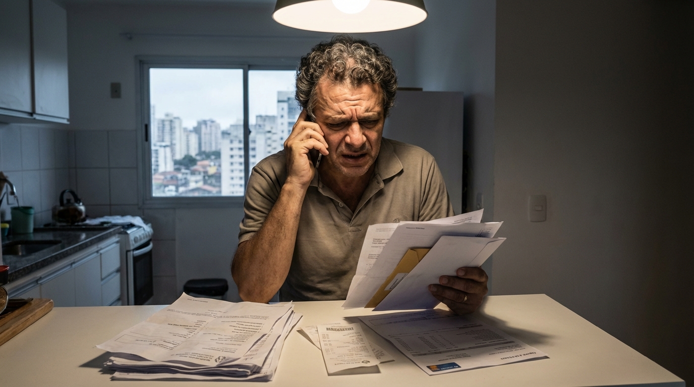 Homem brasileiro frustrado ao telefone tentando resolver burocracia de cancelamento de cirurgia com operadora de saúde enquanto segura exames na mão