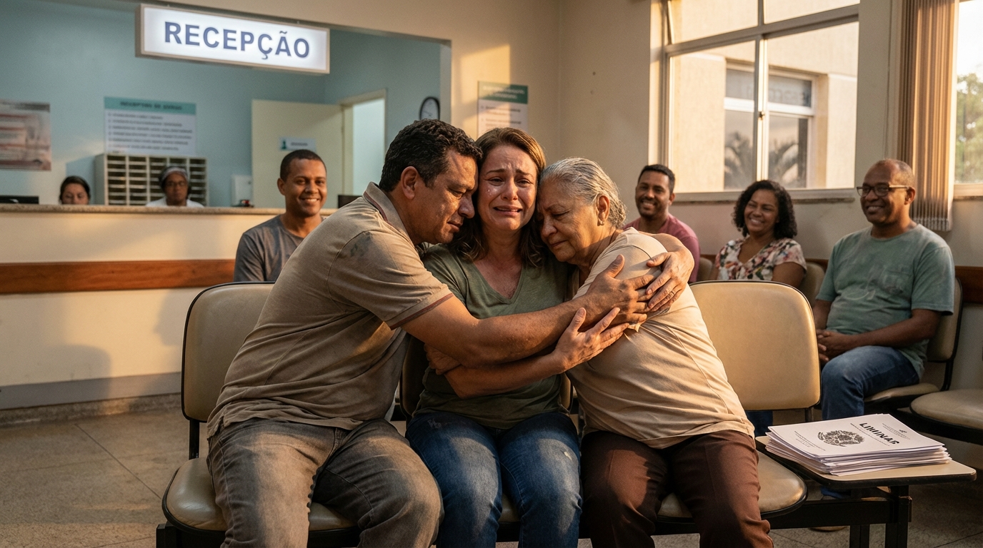 Família brasileira aliviada abraçando-se na recepção do hospital após conseguir liberação judicial para cirurgia de emergência