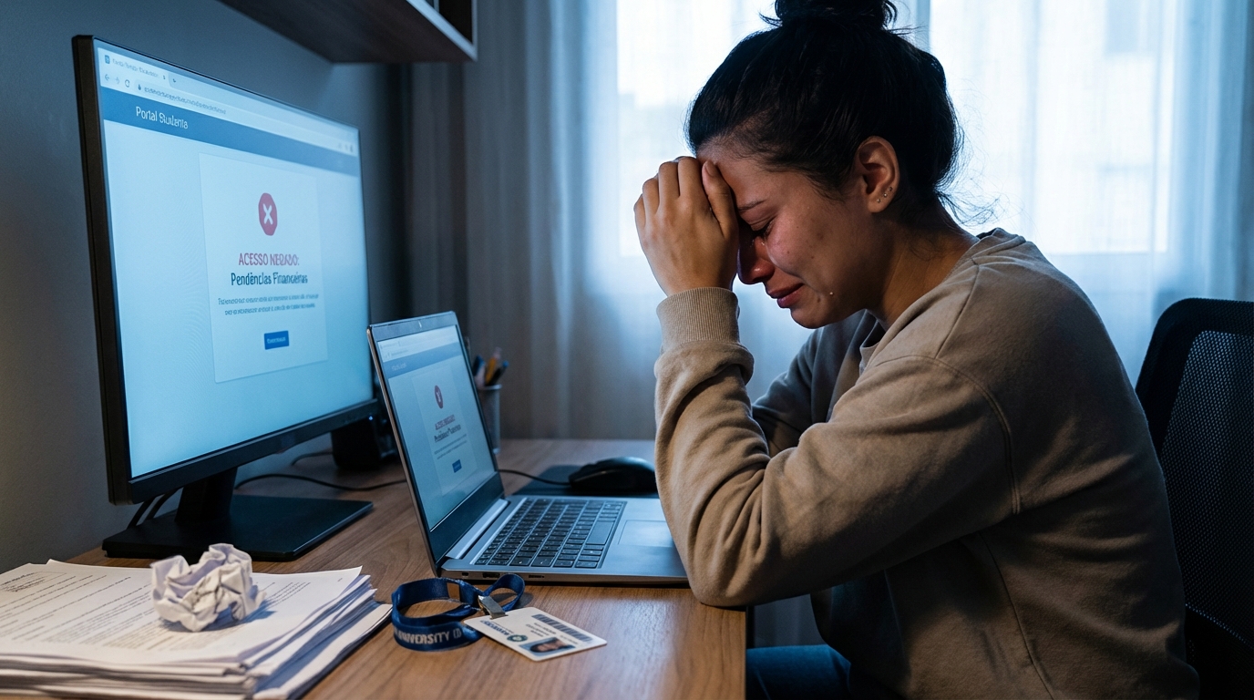 Estudante universitária brasileira chorando em frente ao computador após ter o portal do aluno bloqueado por dívida acadêmica