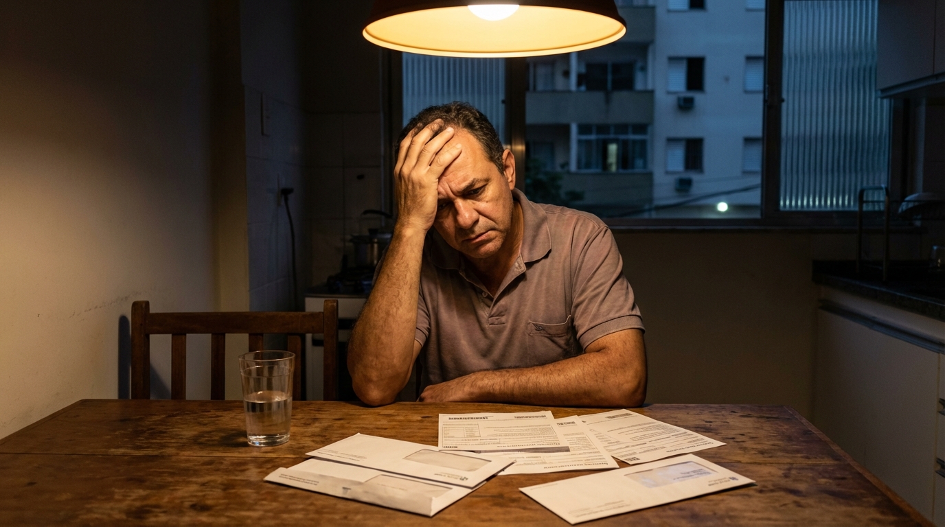 Pai de aluno brasileiro com expressão preocupada segurando boletos de mensalidade escolar na mesa da cozinha