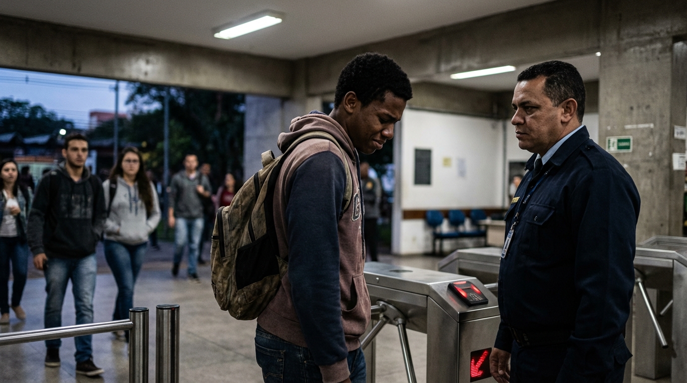Jovem universitário negro barrado na catraca da faculdade com expressão de constrangimento ao lado do segurança