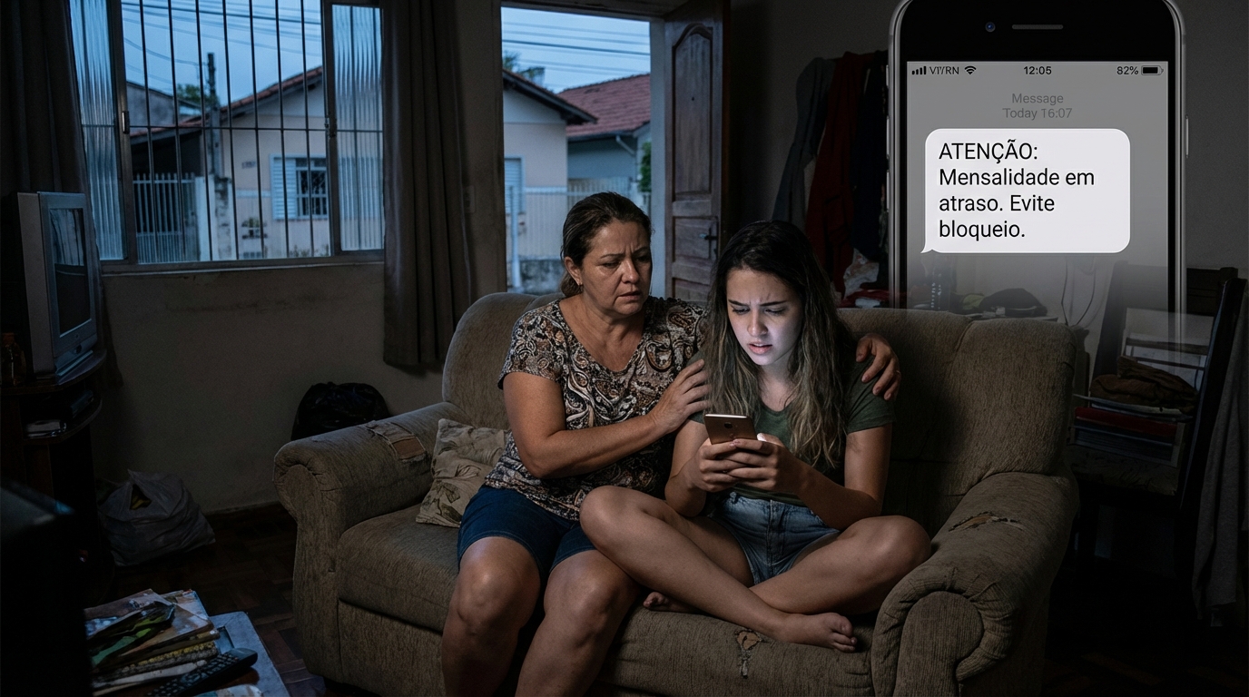 Mãe e filha ansiosas lendo mensagens no celular sobre cobranças indevidas de mensalidade na sala de estar