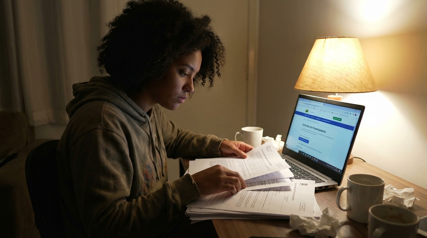 Estudante universitária parda revisando documentos de transferência e contrato de financiamento estudantil tarde da noite sob luz de abajur