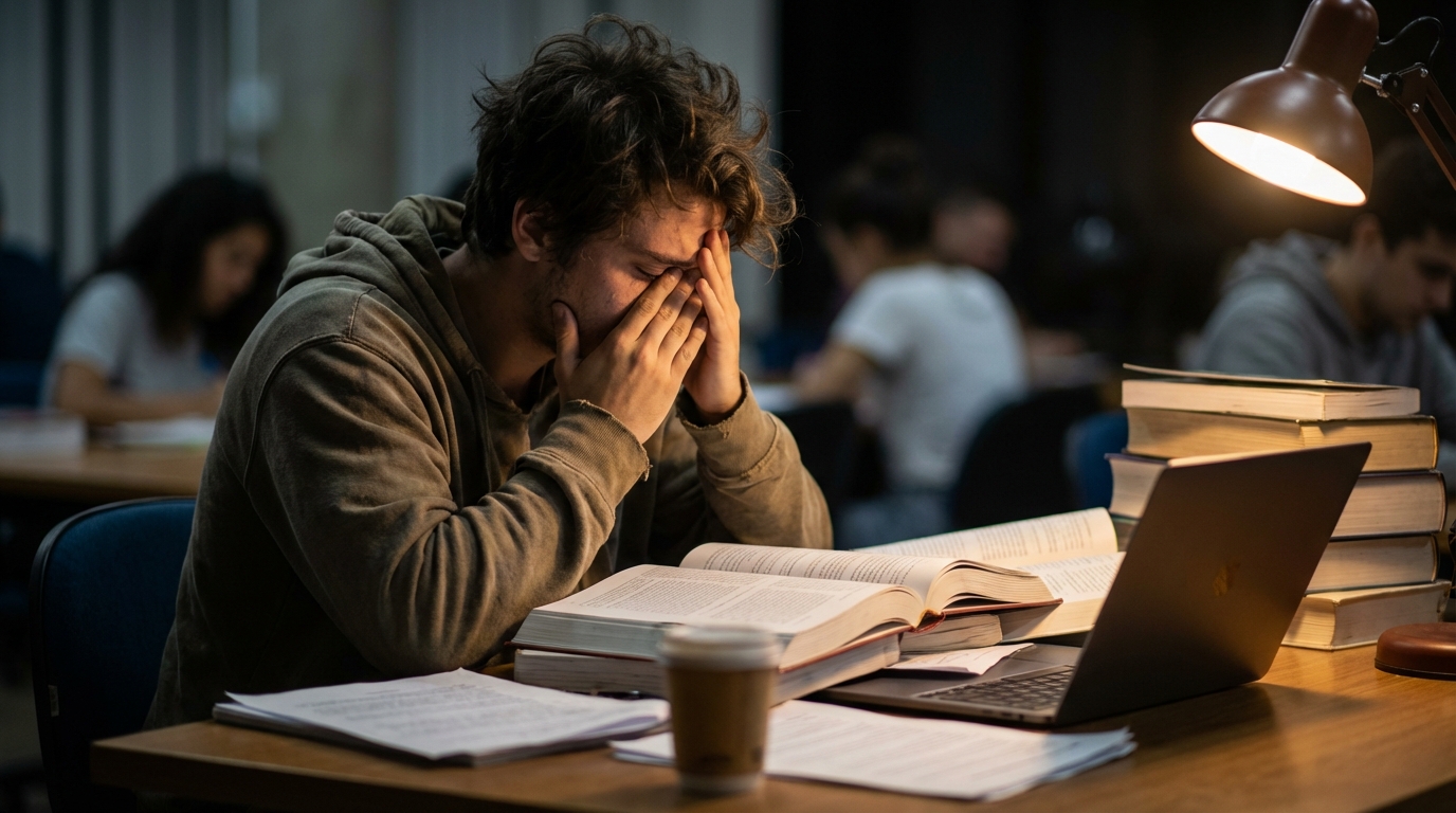 Estudante brasileiro exausto estudando para provas em biblioteca universitária sentindo profunda pressão psicológica e estresse acadêmico