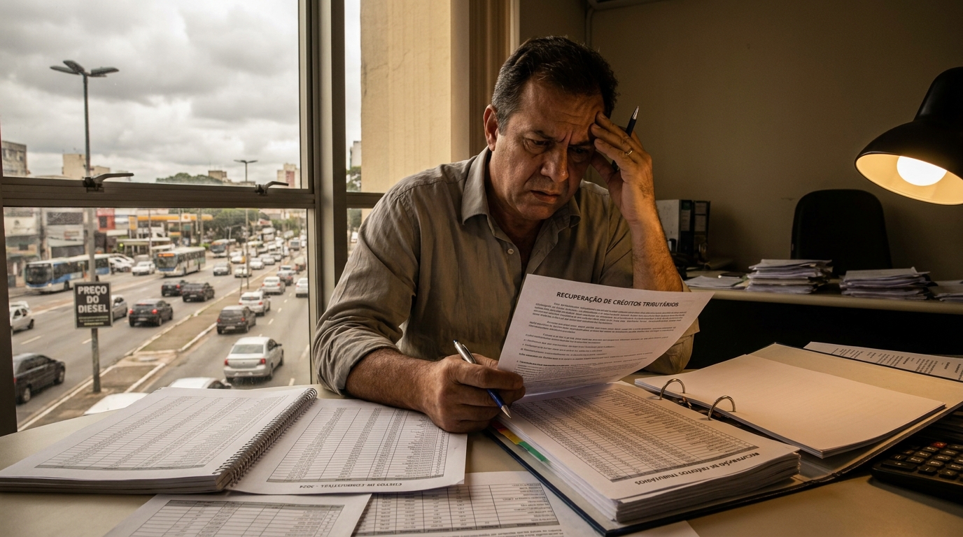 Empresário brasileiro preocupado em escritório analisando planilhas de custos de combustível e redução de custos fiscais