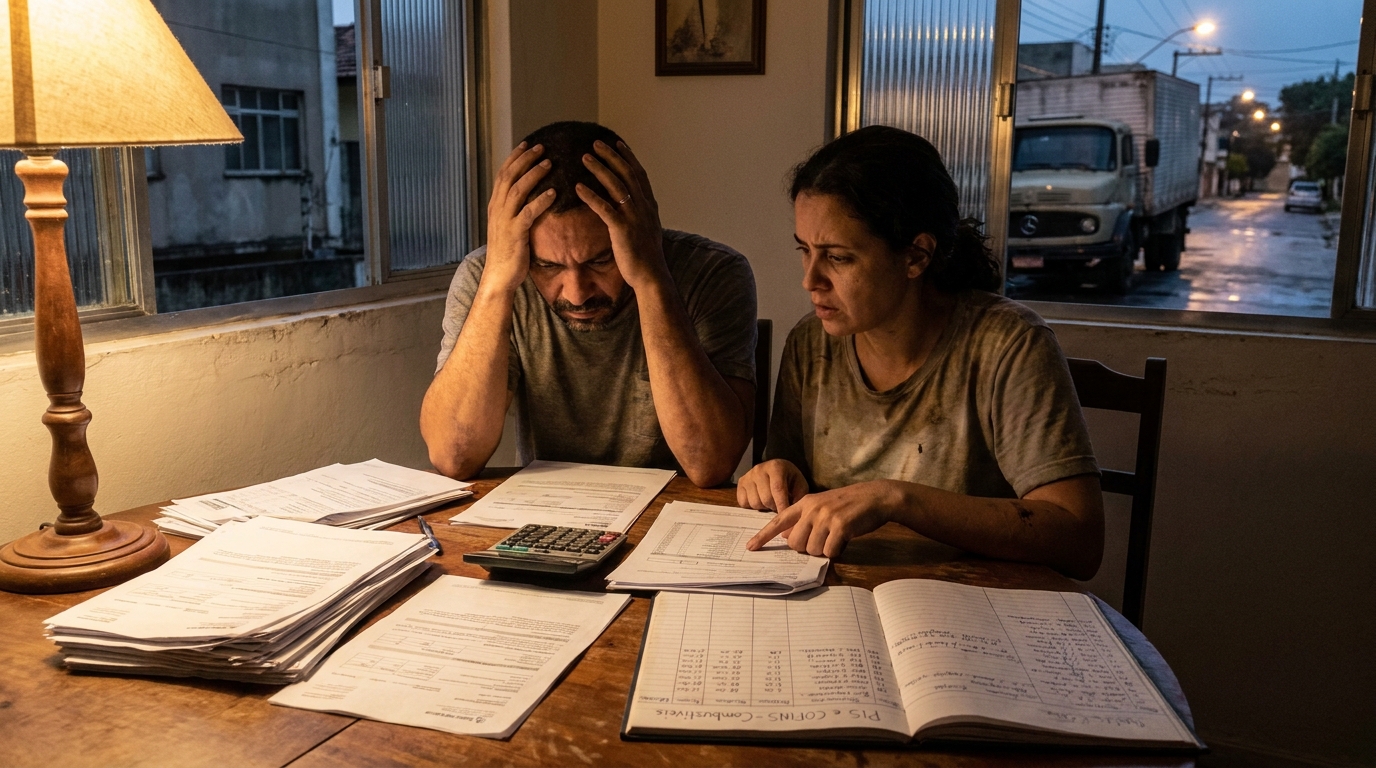 Família brasileira proprietária de pequena transportadora analisando documentos de PIS e COFINS sobre combustíveis com apreensão