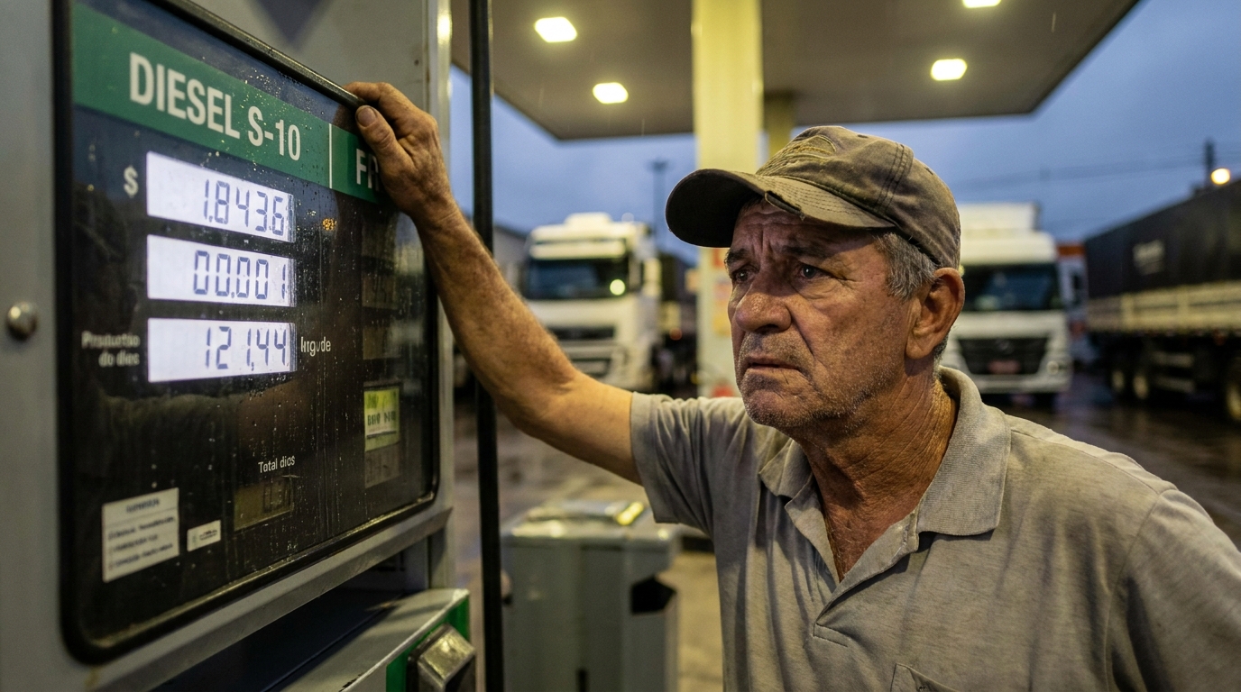 Motorista de caminhão brasileiro experiente conferindo o alto preço do diesel na bomba com expressão de frustração