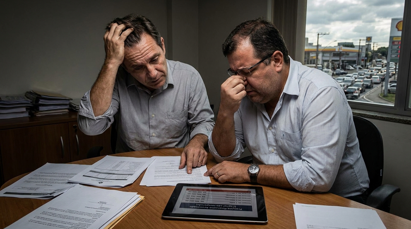 Dois sócios brasileiros em reunião tensa discutindo a falta de capital de giro e o planejamento tributário para transportadoras