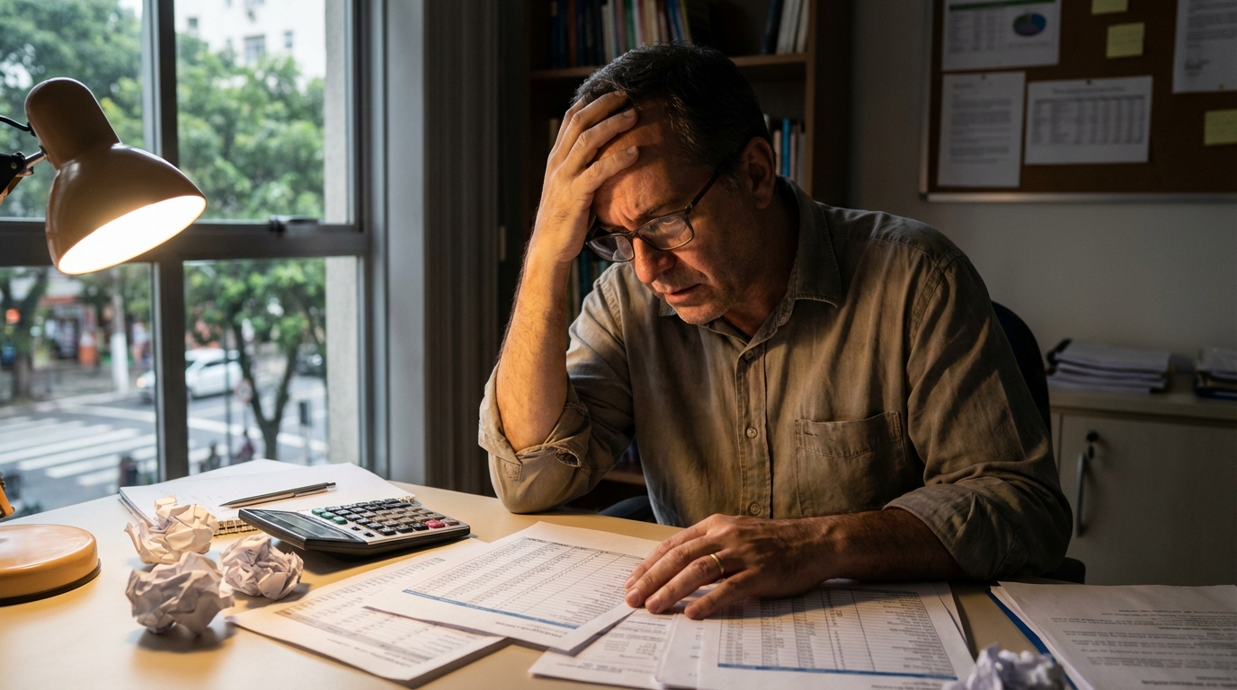 Gestor educacional brasileiro preocupado analisando planilhas financeiras em escritório de universidade com expressão de tensão