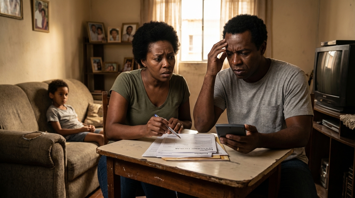 Família brasileira negra na sala de estar revisando com ansiedade o boleto de mensalidade escolar com calculadora na mão