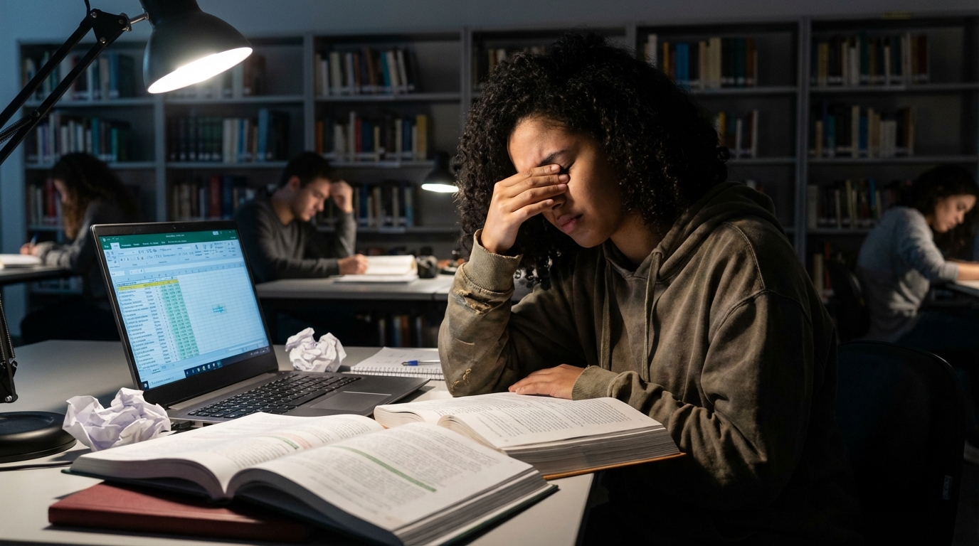 Estudante universitária brasileira exausta estudando de madrugada em biblioteca com livros e notebook expressando preocupação