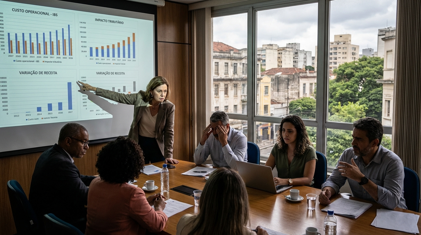 Reitora de universidade brasileira em reunião tensa com equipe administrativa projetando gráficos de custos tributários