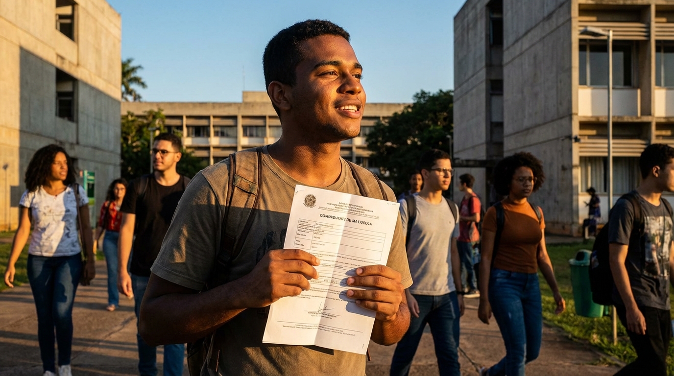 Jovem estudante brasileiro pardo sorrindo aliviado segurando documento de matrícula na frente do campus universitário sob o sol