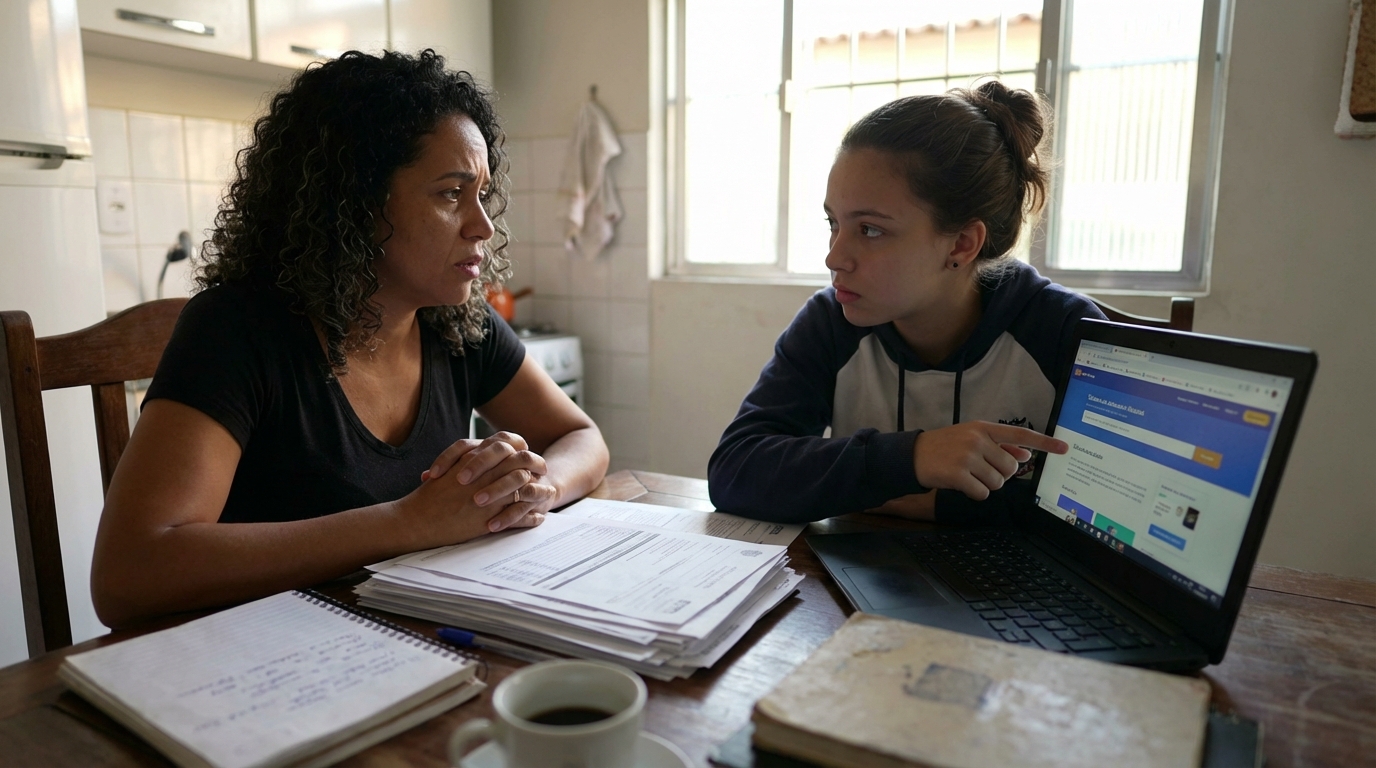Mãe e filha adolescentes brasileiras conversando seriamente sobre o futuro acadêmico na mesa da cozinha com documentos escolares