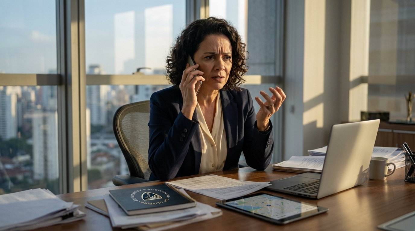 Mulher brasileira, empresária, conversando seriamente ao telefone em um ambiente corporativo, demonstrando a necessidade de consultoria jurídica urgente e especializada