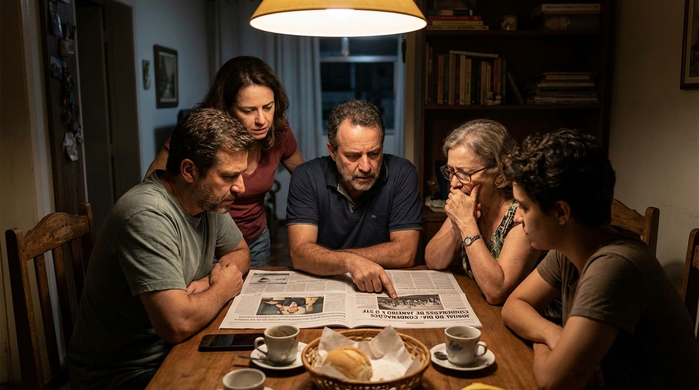 Família brasileira em casa na mesa de jantar lendo jornal impresso com expressões de apreensão e foco nas páginas de política e justiça