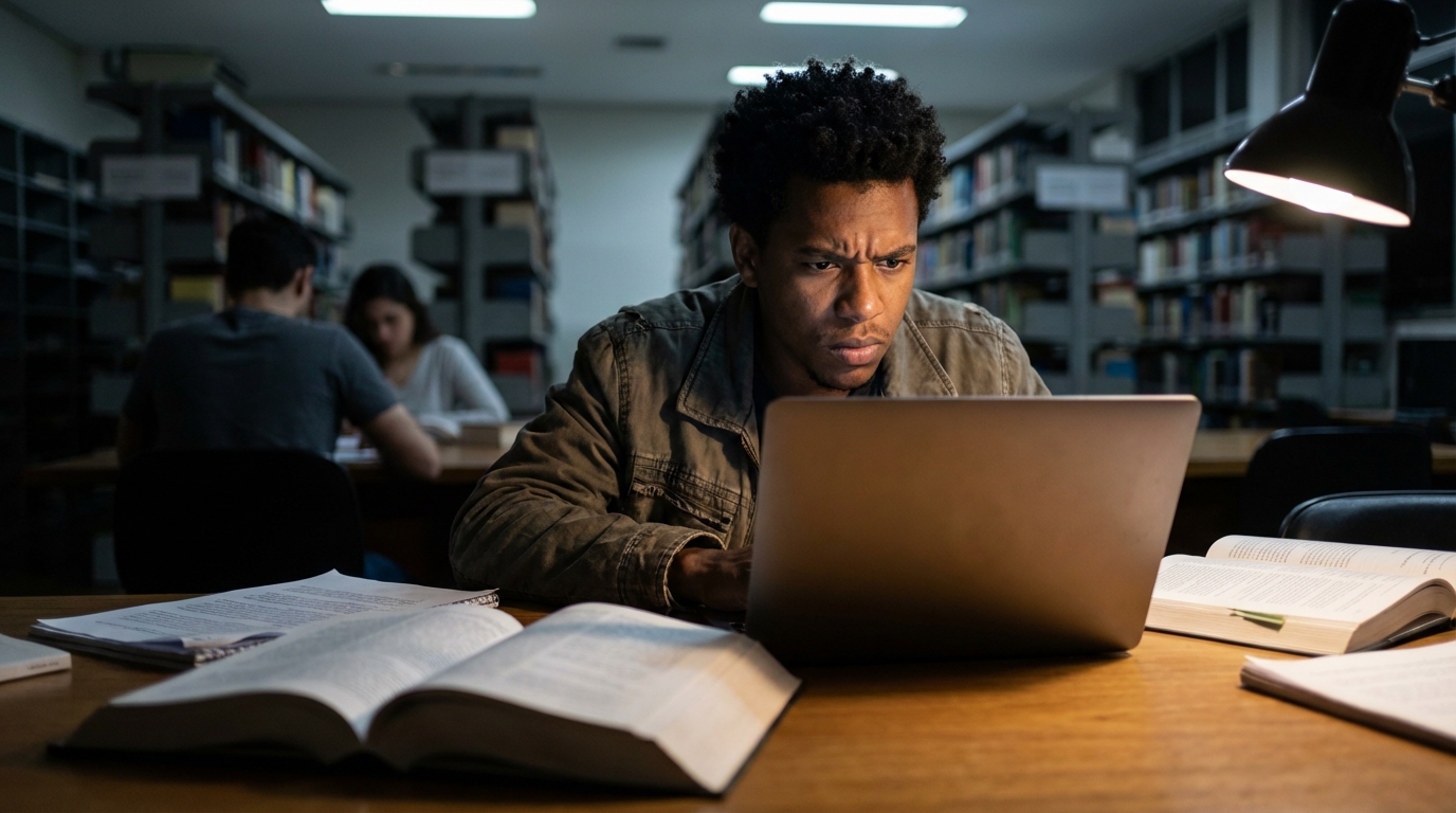 Estudante universitário brasileiro negro pesquisando leis no computador da biblioteca tarde da noite com expressão de concentração intensa