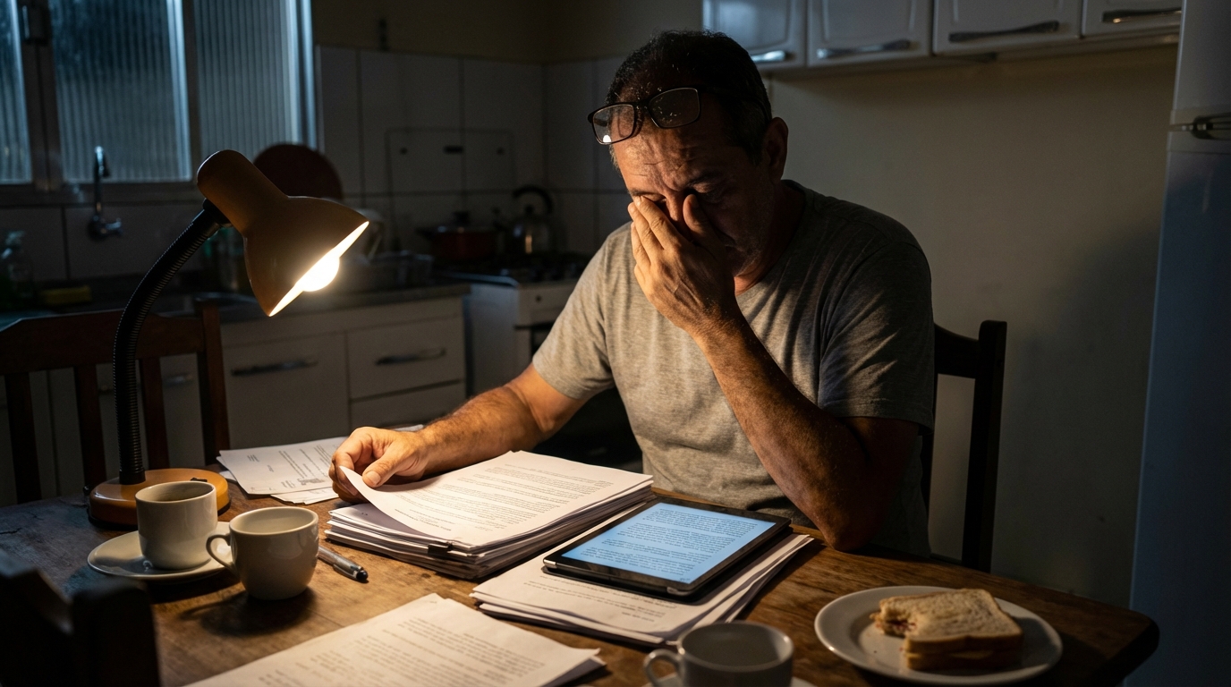 Trabalhador autônomo brasileiro exausto lendo documentos legais na mesa da cozinha buscando compreender seus direitos civis