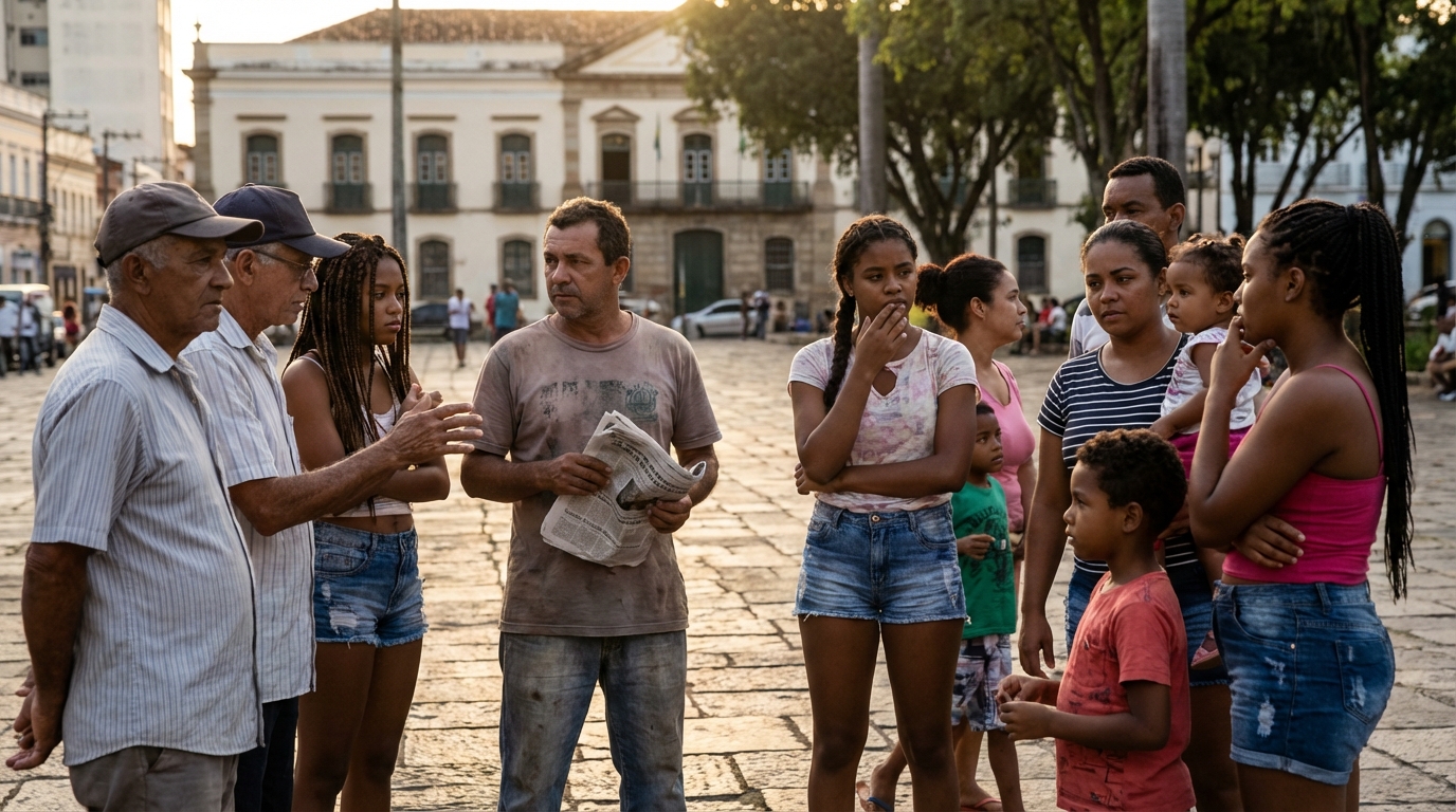 Cidadãos brasileiros de diversas etnias em praça pública conversando pacificamente sobre questões sociais, educação e direitos constitucionais