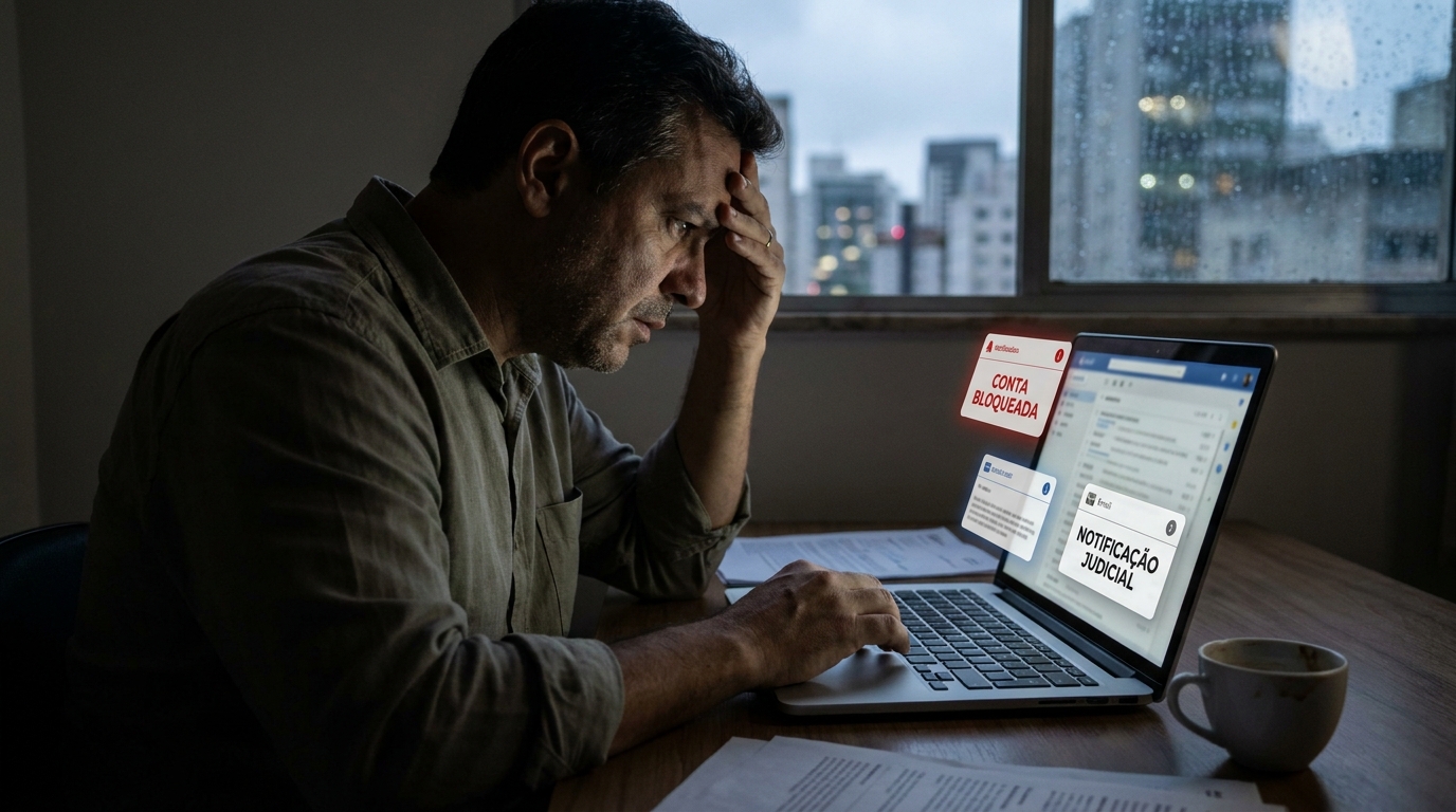 Empresário brasileiro do setor de tecnologia olhando preocupado para a tela do notebook com notificações de bloqueio de conta - crimes digitais e direito penal econômico