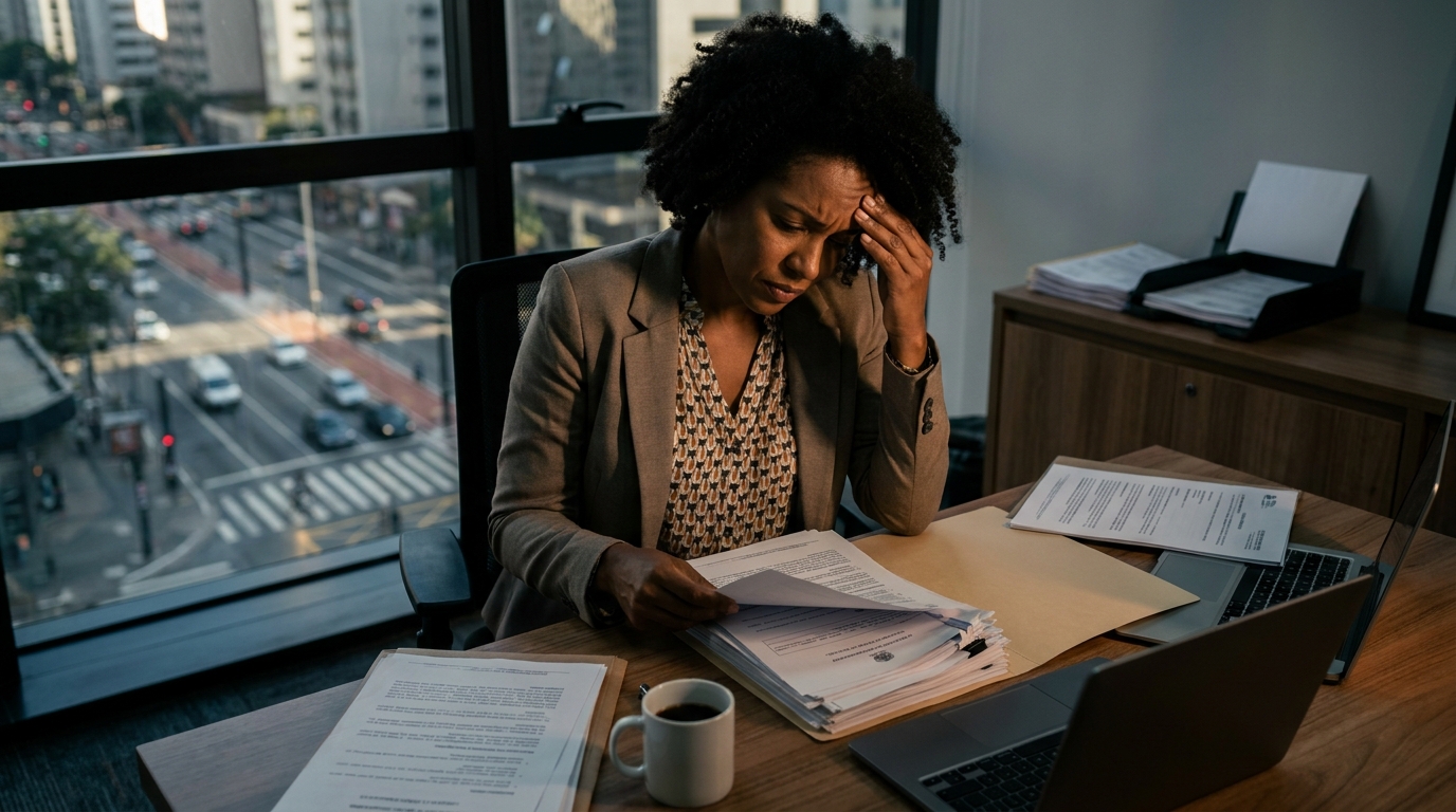 Executiva brasileira negra em escritório com semblante tenso analisando documentos fiscais e notificações judiciais na mesa - responsabilidade penal empresarial
