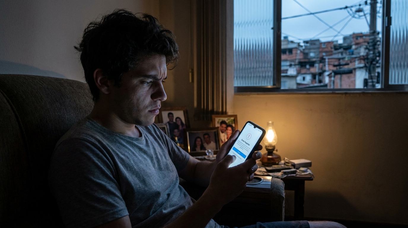 Jovem cidadão brasileiro em casa olhando apreensivo para o celular após ter sua conta de rede social bloqueada sem explicação - liberdade de expressão e regulação de redes sociais