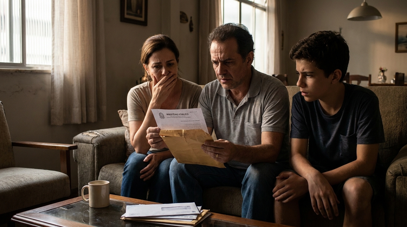 Família brasileira preocupada na sala de estar lendo uma notificação oficial recebida pelo correio - consequências do direito penal econômico para o cidadão