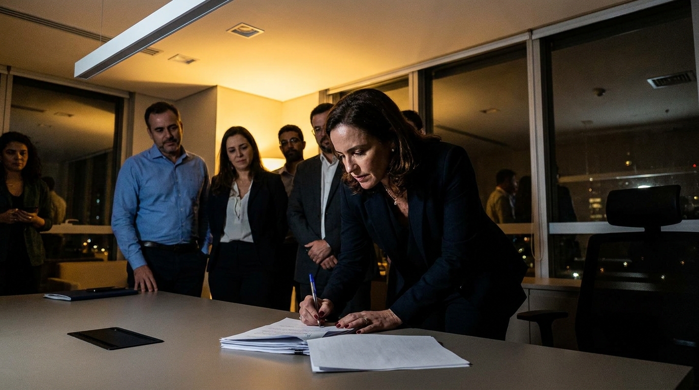 Empresária brasileira confiante e segura assinando documentos jurídicos em seu escritório iluminado com equipe ao fundo - defesa criminal preventiva em crimes digitais