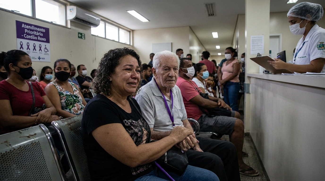 Filha brasileira com expressão de alívio segurando a mão de seu pai idoso em uma recepção de hospital lotado após garantir atendimento prioritário para cordão roxo Alzheimer