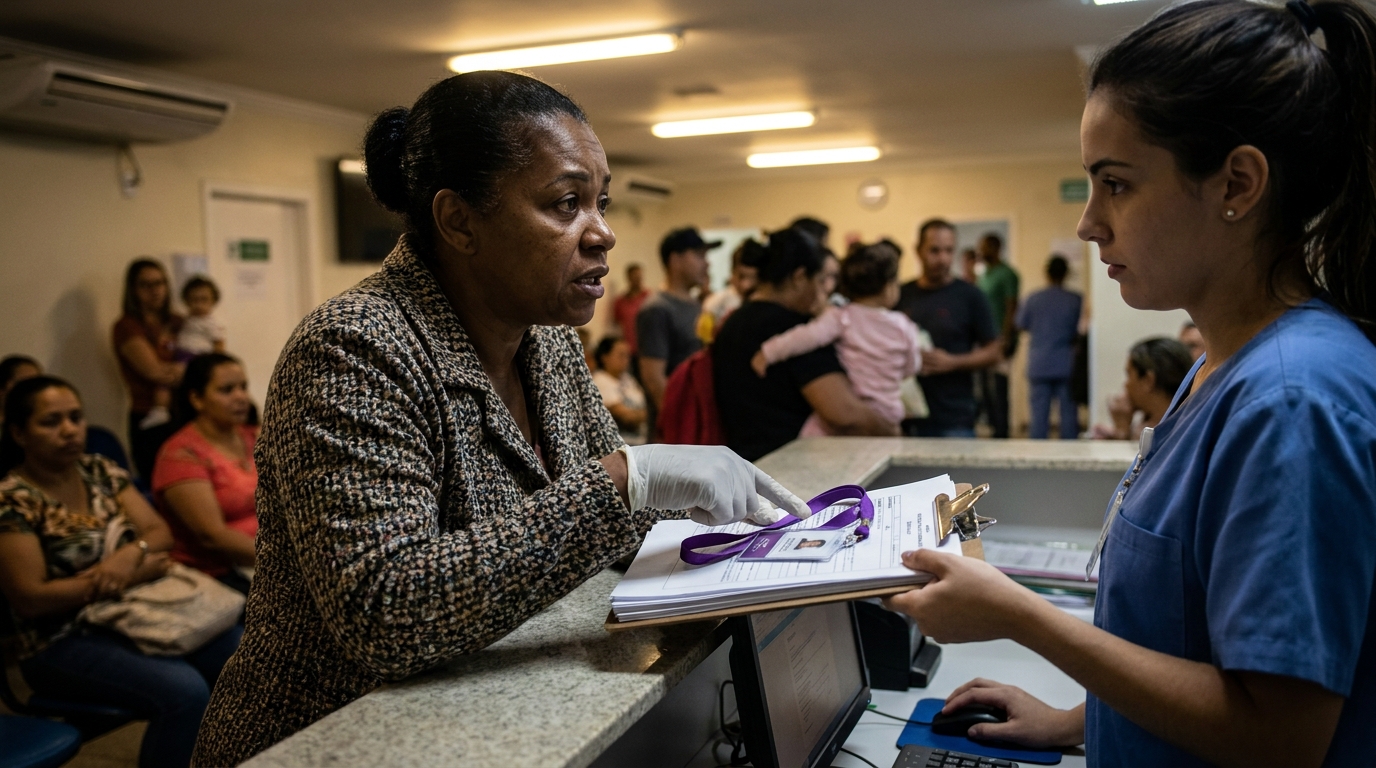 Mulher brasileira negra, cuidadora, discutindo amigavelmente mas com firmeza com atendente de clínica médica, apontando para documentos sobre direitos do paciente com Alzheimer