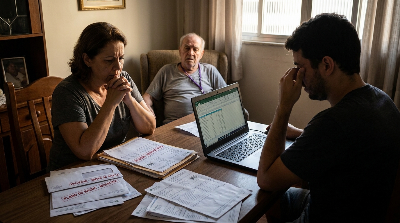 Família brasileira preocupada, sentada à mesa da sala de jantar, analisando contas médicas e cartas de negativa de plano de saúde de idoso com Alzheimer