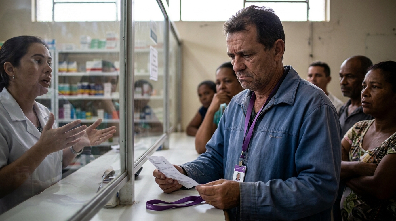 Homem brasileiro de meia idade em uma farmácia pública do SUS com expressão de frustração ao receber a notícia de falta de medicamentos de alto custo para Alzheimer
