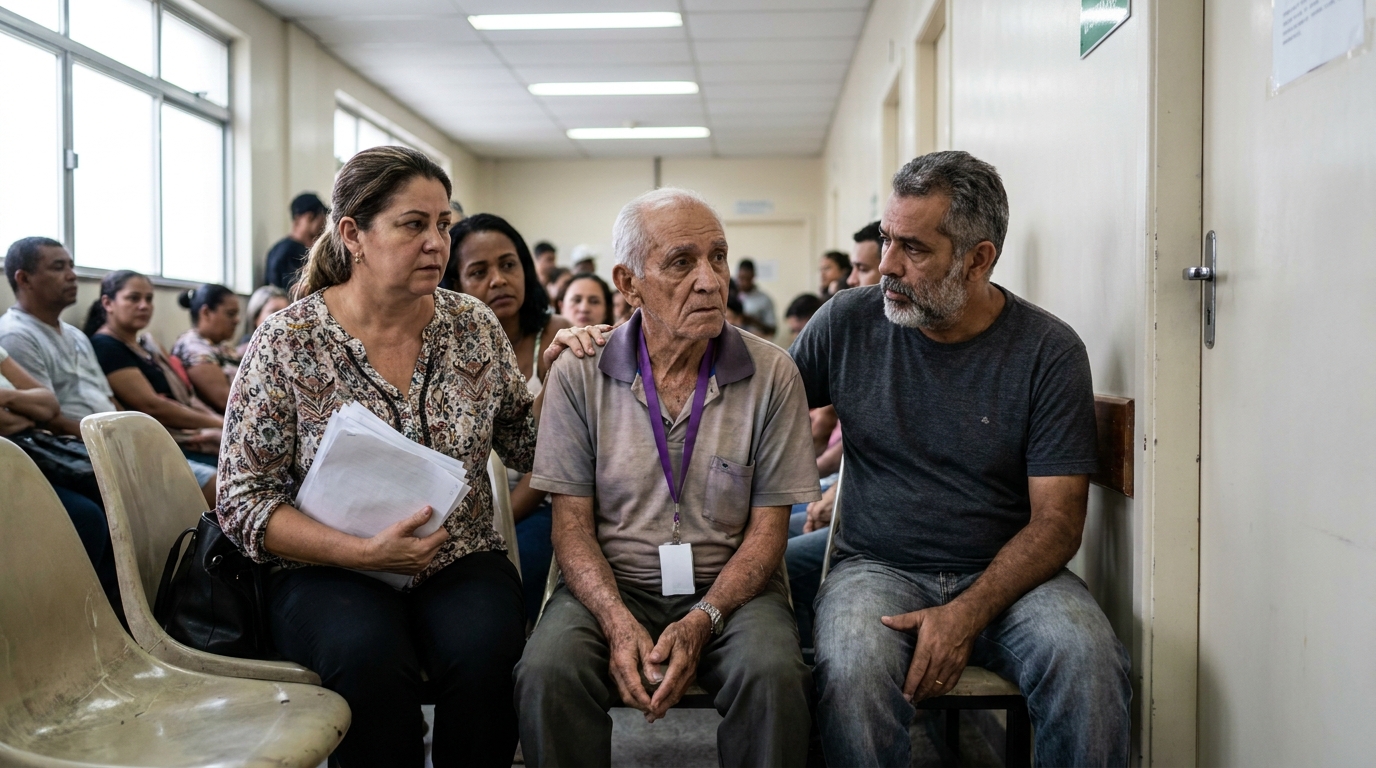 Família brasileira preocupada e exausta na sala de espera de um hospital público, segurando documentos médicos e aguardando atendimento para idoso com Alzheimer