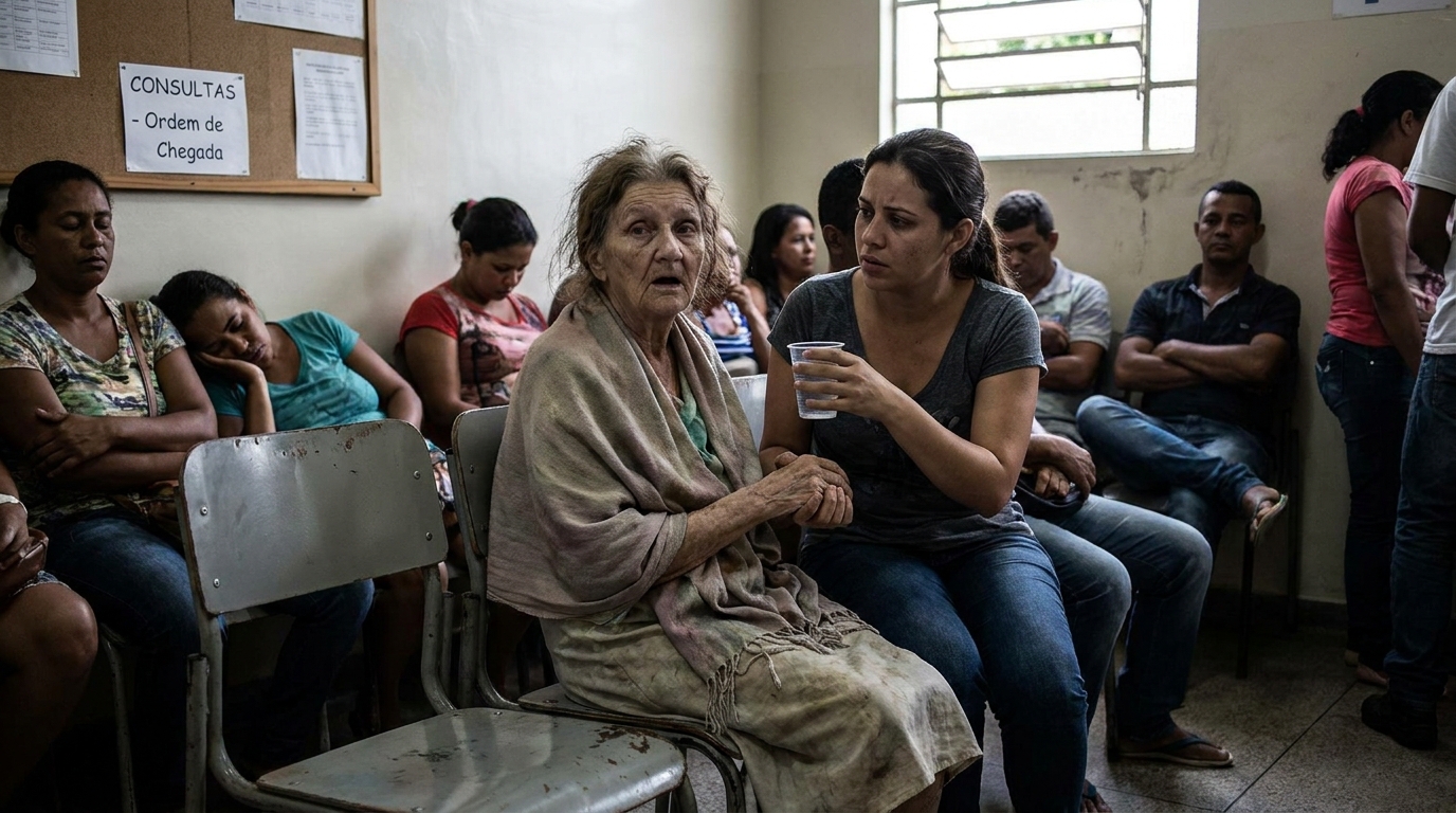 Mulher brasileira idosa com olhar confuso sendo amparada com carinho por sua filha em uma sala de espera de clínica médica lotada
