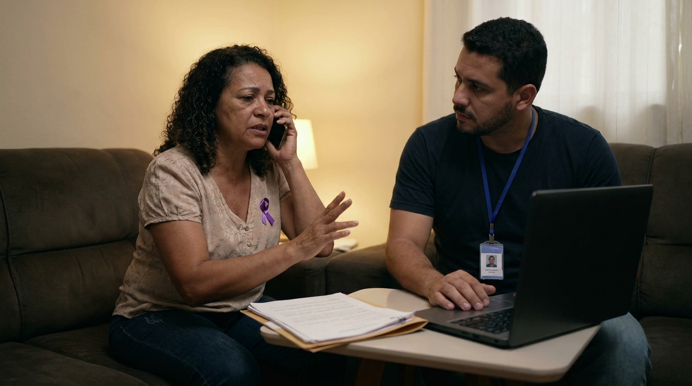 Cuidador brasileiro frustrado, mas mantendo a postura firme, discutindo pacificamente com atendente de plano de saúde sobre negativa de cobertura para tratamento