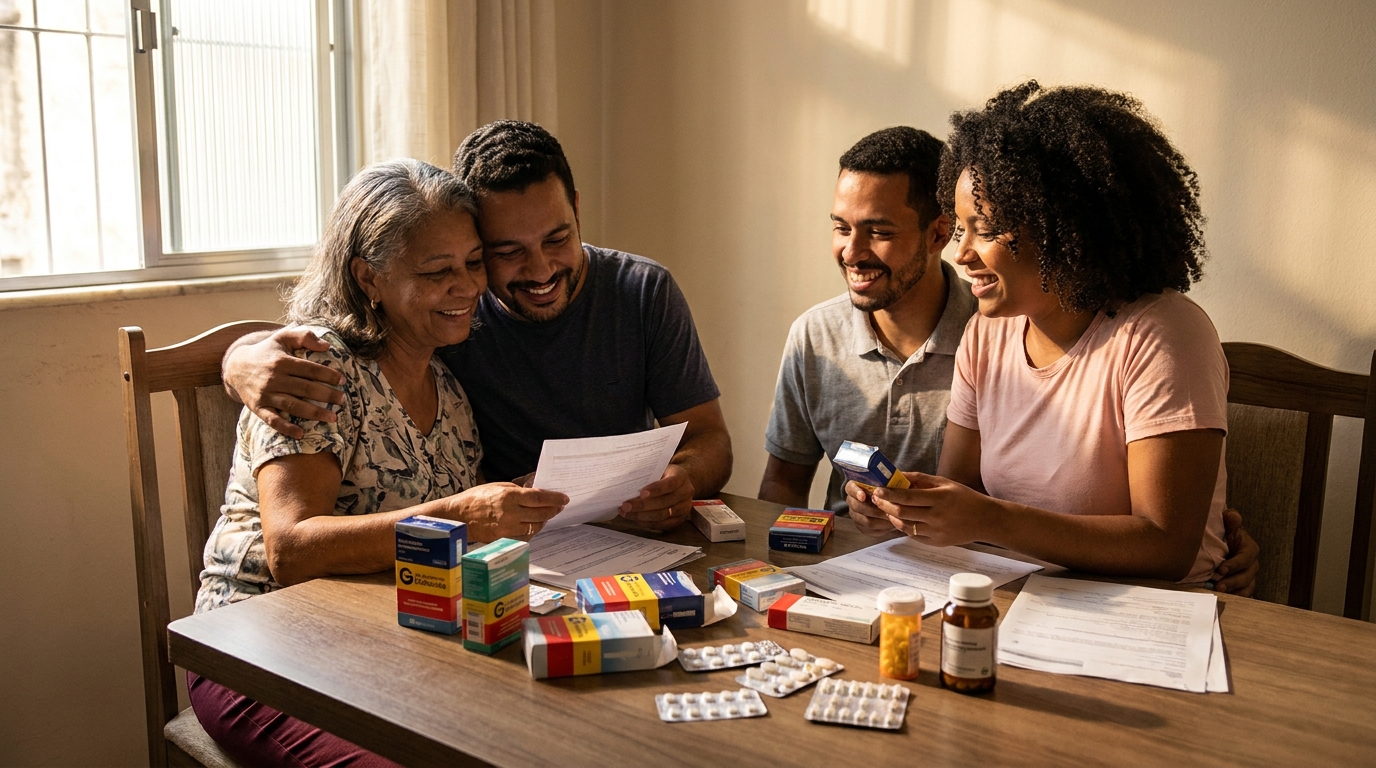 Família brasileira aliviada e sorridente em casa organizando medicamentos de alto custo na mesa de jantar após vitória judicial contra plano de saúde