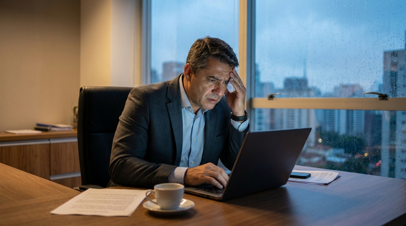 Empresário brasileiro em seu escritório em São Paulo, com expressão de forte preocupação, analisando uma notificação oficial em seu notebook - crimes do colarinho branco