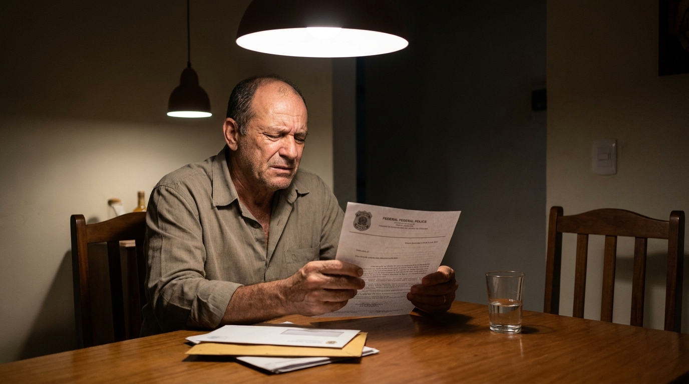 Cidadão brasileiro maduro, sentado à mesa de jantar de sua casa, lendo um documento legal com as mãos trêmulas e rosto angustiado - investigação Polícia Federal