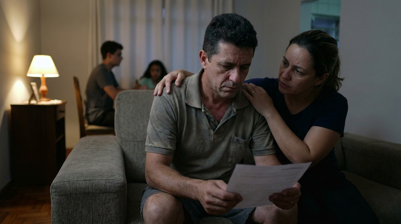 Família brasileira preocupada na sala de estar, esposa consolando o marido que segura intimação judicial relacionada a crimes empresariais