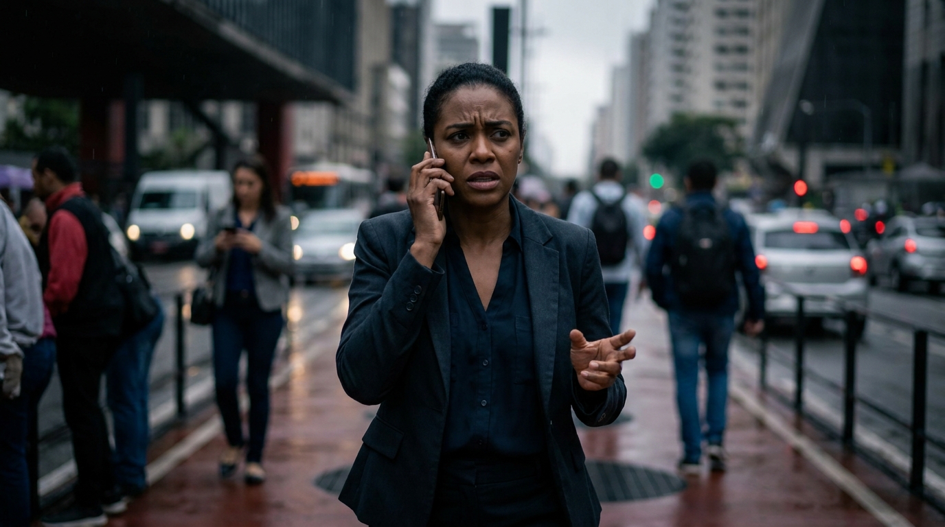Mulher executiva brasileira, negra, caminhando apressada por uma avenida movimentada de São Paulo, com expressão tensa enquanto fala ao celular - defesa criminal