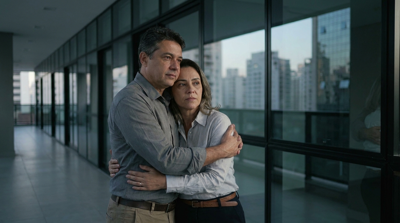 Casal brasileiro de empresários no corredor de um escritório, abraçados e com expressões de alívio e seriedade após uma longa reunião estratégica de defesa