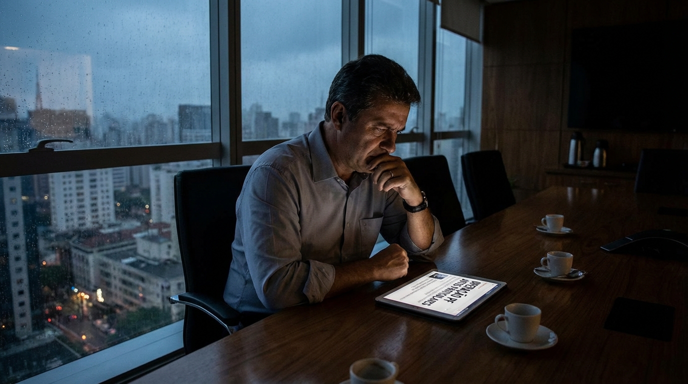 Empresário brasileiro preocupado analisando notícias em um tablet no escritório corporativo durante investigação Polícia Federal