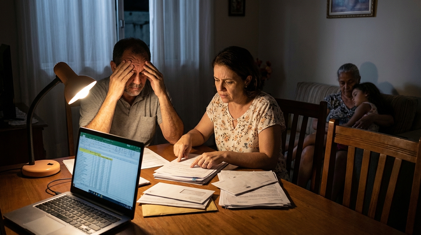 Família brasileira angustiada em casa revisando documentos financeiros na mesa de jantar após bloqueio judicial de bens