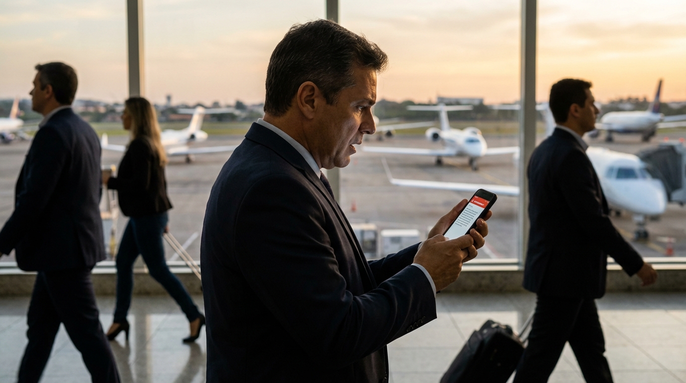 Executivo brasileiro em aeroporto olhando o celular com expressão de choque ao receber notificação urgente de compliance corporativo