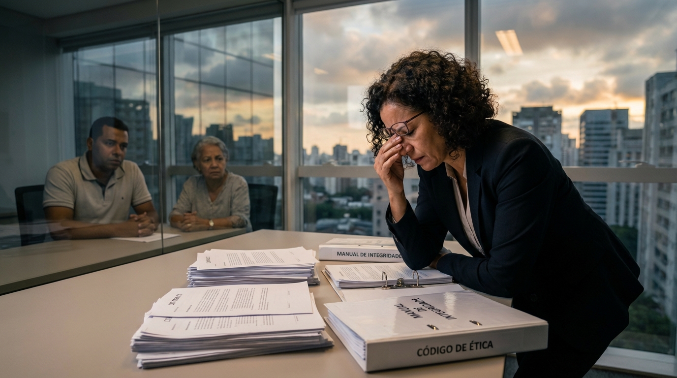 Diretora corporativa brasileira focada revisando minuciosamente contratos e manuais de integridade em uma sala de reuniões iluminada
